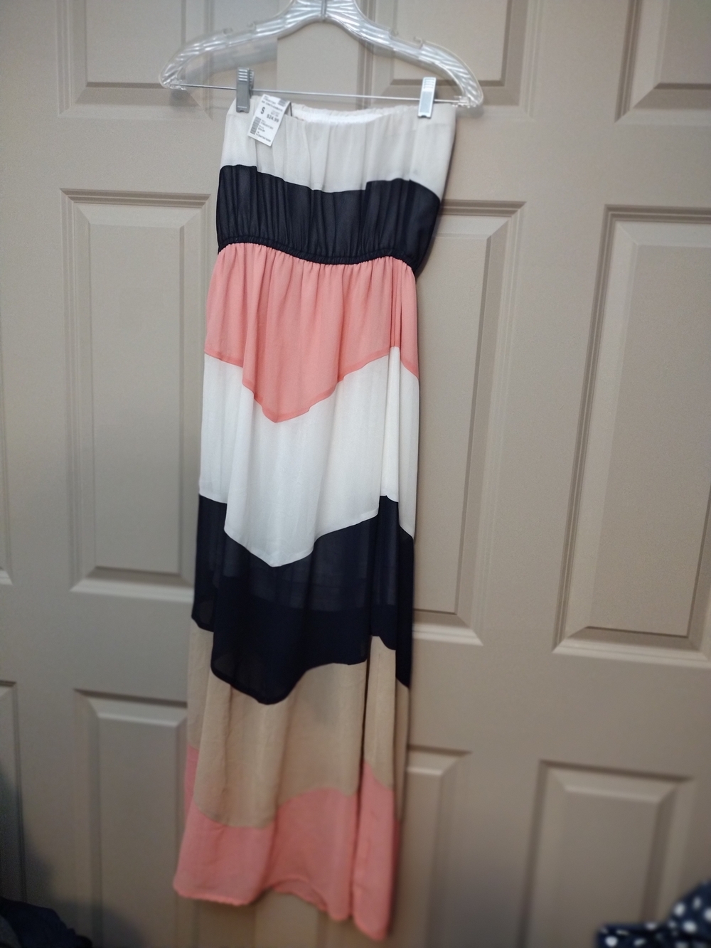 Striped Strapless Maxi Dress in Coral, Black, Tan And White
